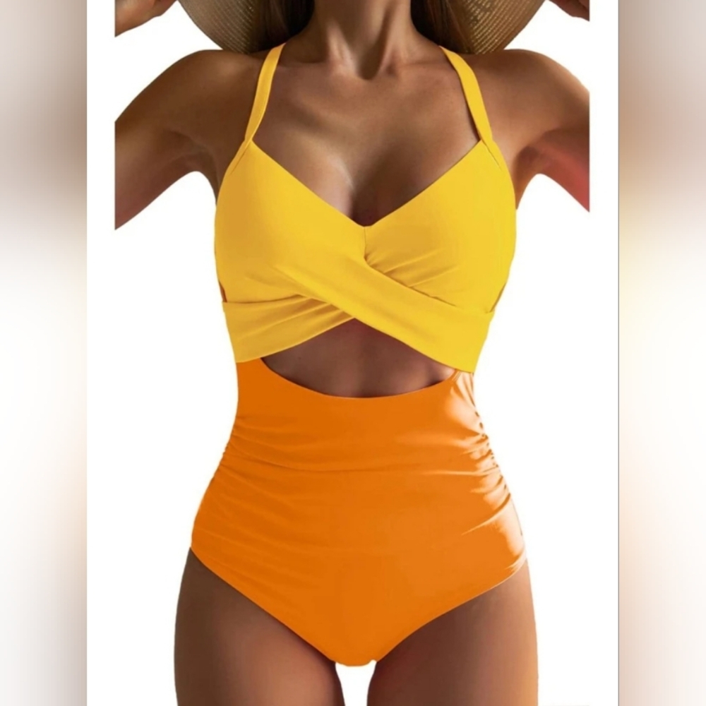 One Piece Swimsuits Ruffled Front Cross Ruched Bathing Suit High Waisted V Neck